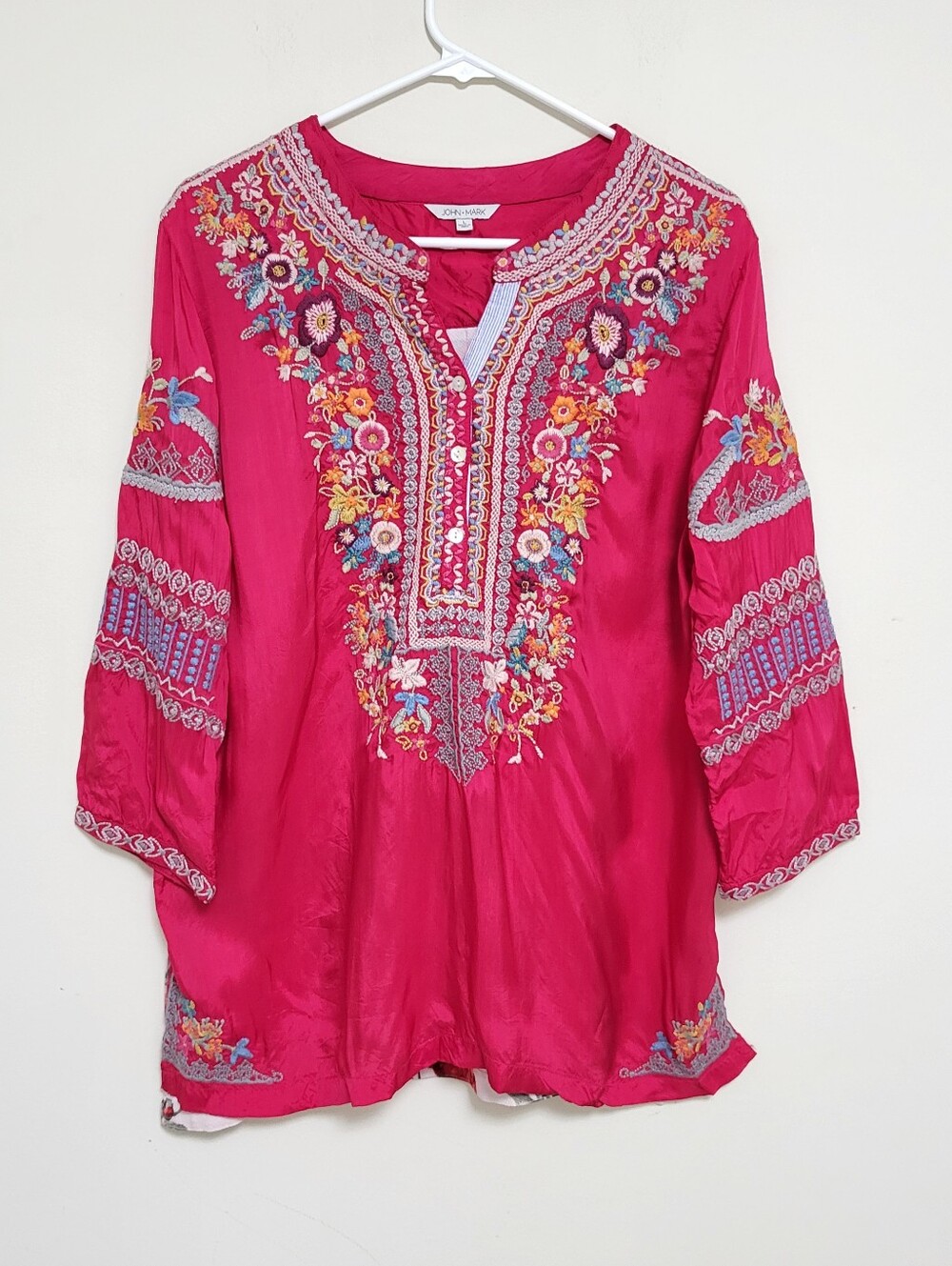 John Mark Embroidered Red Floral Boho Tunic Top 3/4 Sleeve Size L Festival